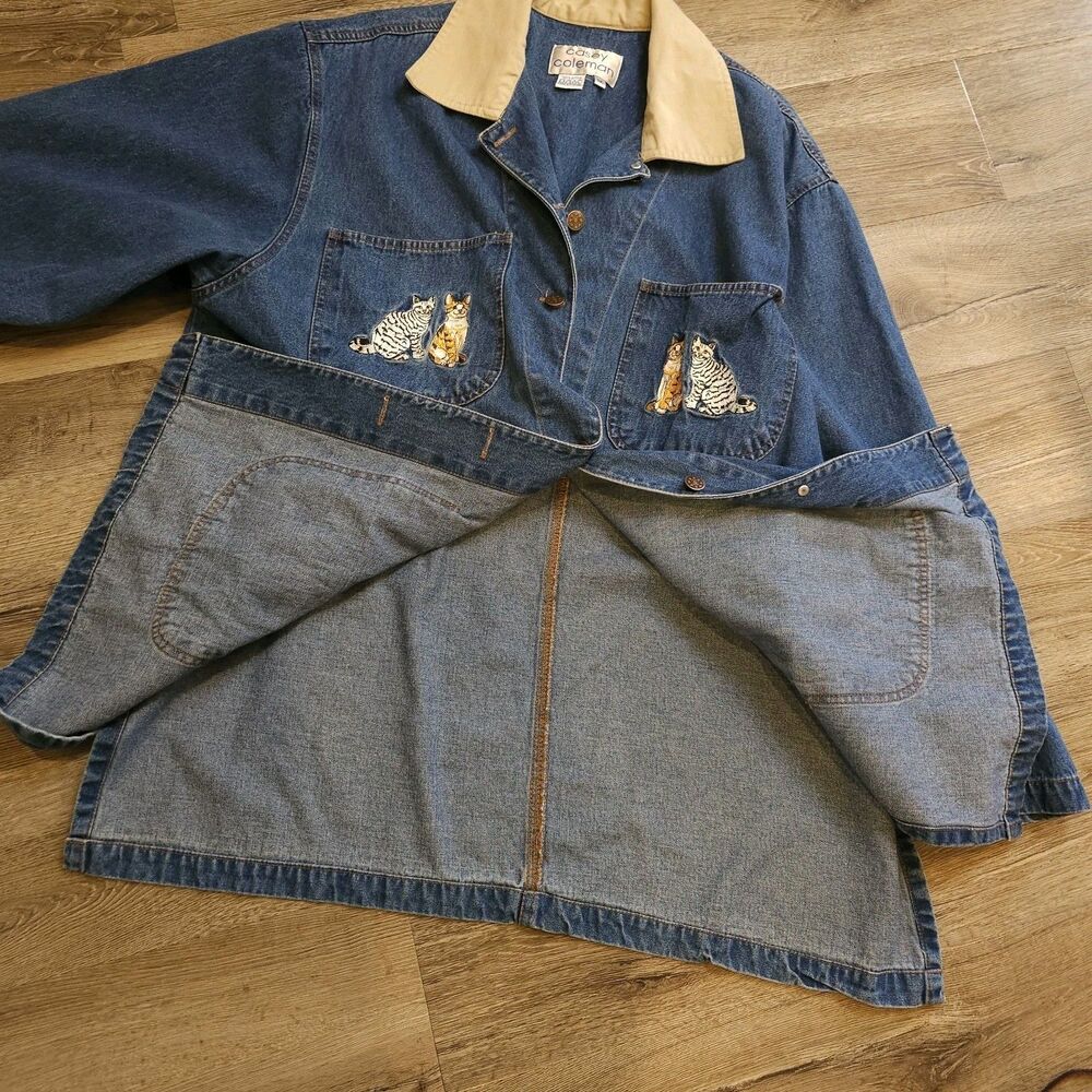 denim chore jacket 1x cat embroidery barn coat blue cottagecore spring denim - Picture 11 of 12